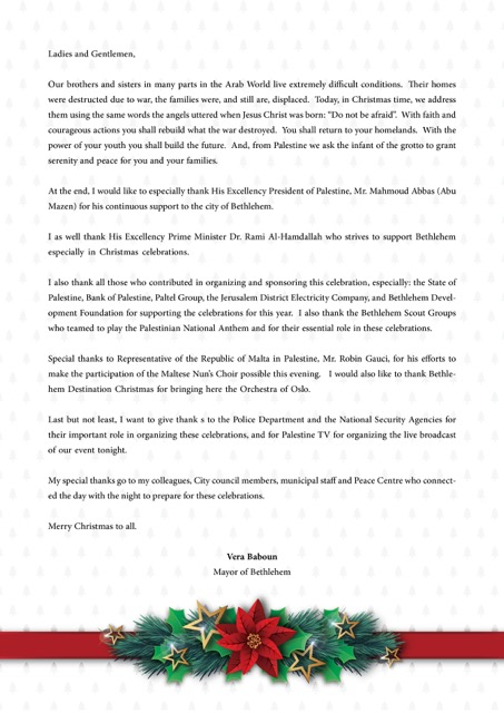 The Speech Of MS. VERA BABOUN, MAYOR OF BETHLEHEM On the occasion of the Lighting of th Christmas Tree of Bethlehem Nativity Square