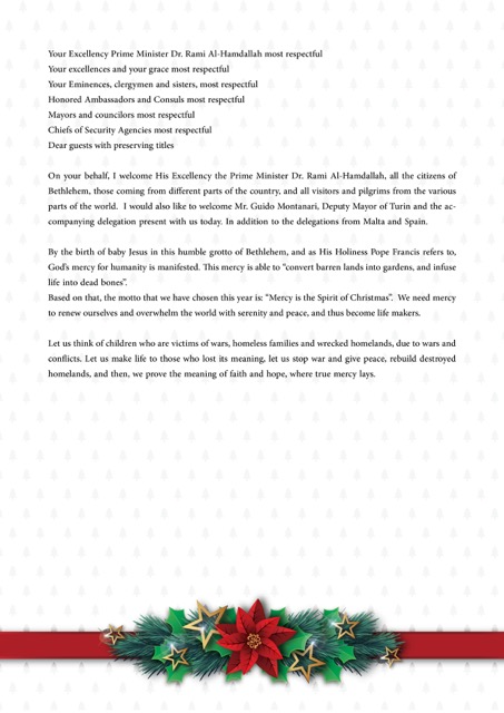 The Speech Of MS. VERA BABOUN, MAYOR OF BETHLEHEM On the occasion of the Lighting of th Christmas Tree of Bethlehem Nativity Square