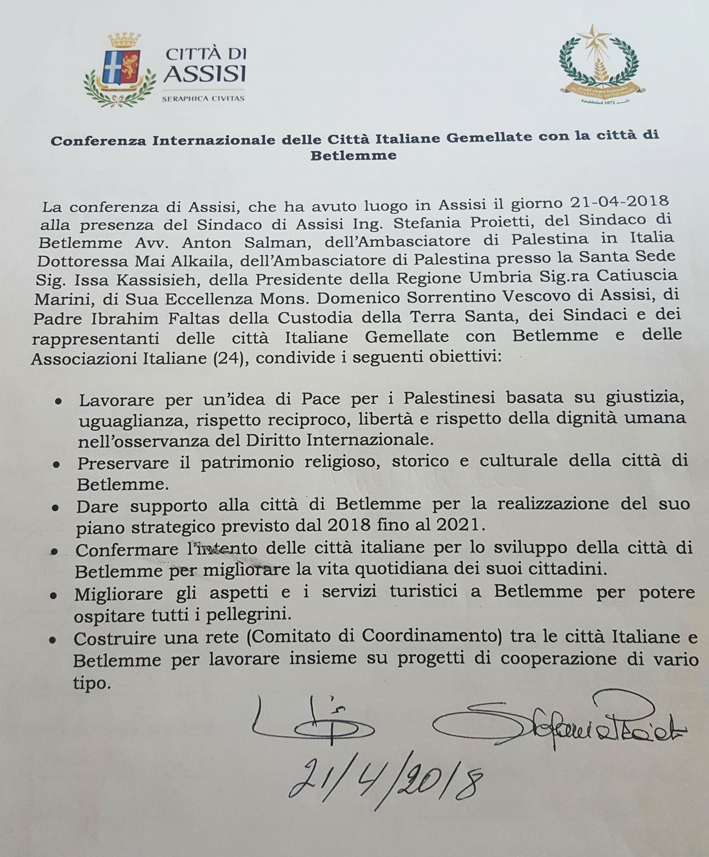 البيان الختامي الصادر عن مؤتمر المدن الإيطالية المتوأمة مع مدينة بيت لحم أسيزي - إيطاليا   21-4-2018