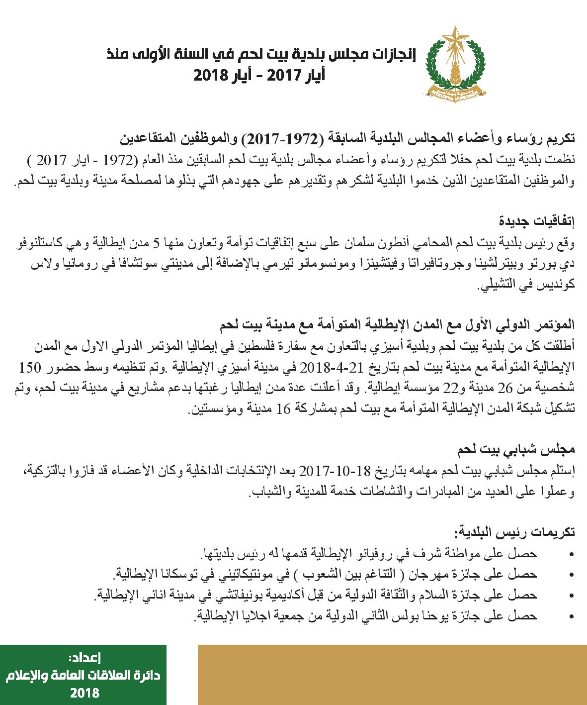 إنجازات مجلس بلدية بيت لحم في السنة الأولى منذ الإستلام برئاسة المحامي أنطون سلمان ايار 2017 - ايار 2018 