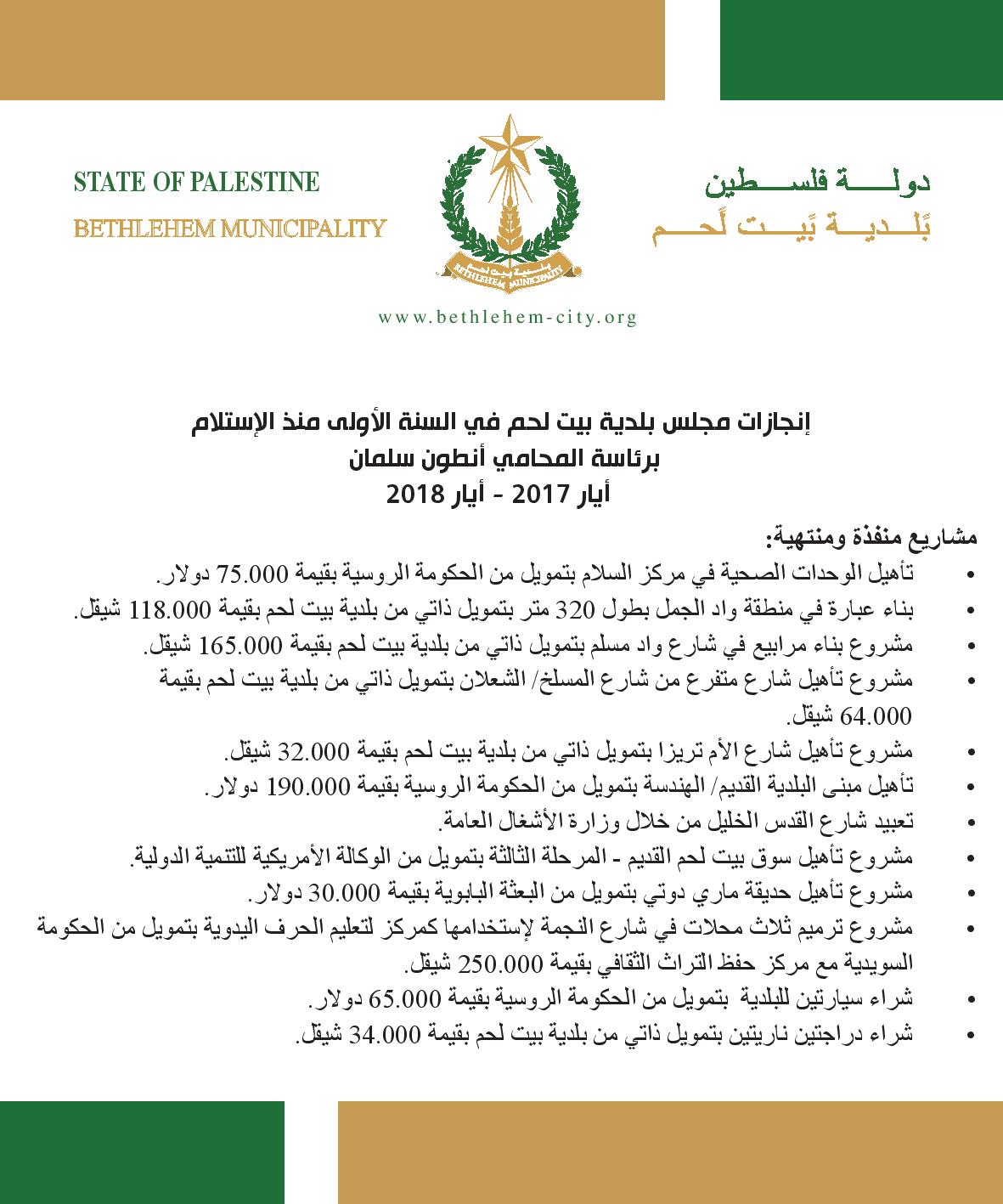 إنجازات مجلس بلدية بيت لحم في السنة الأولى منذ الإستلام برئاسة المحامي أنطون سلمان ايار 2017 - ايار 2018 