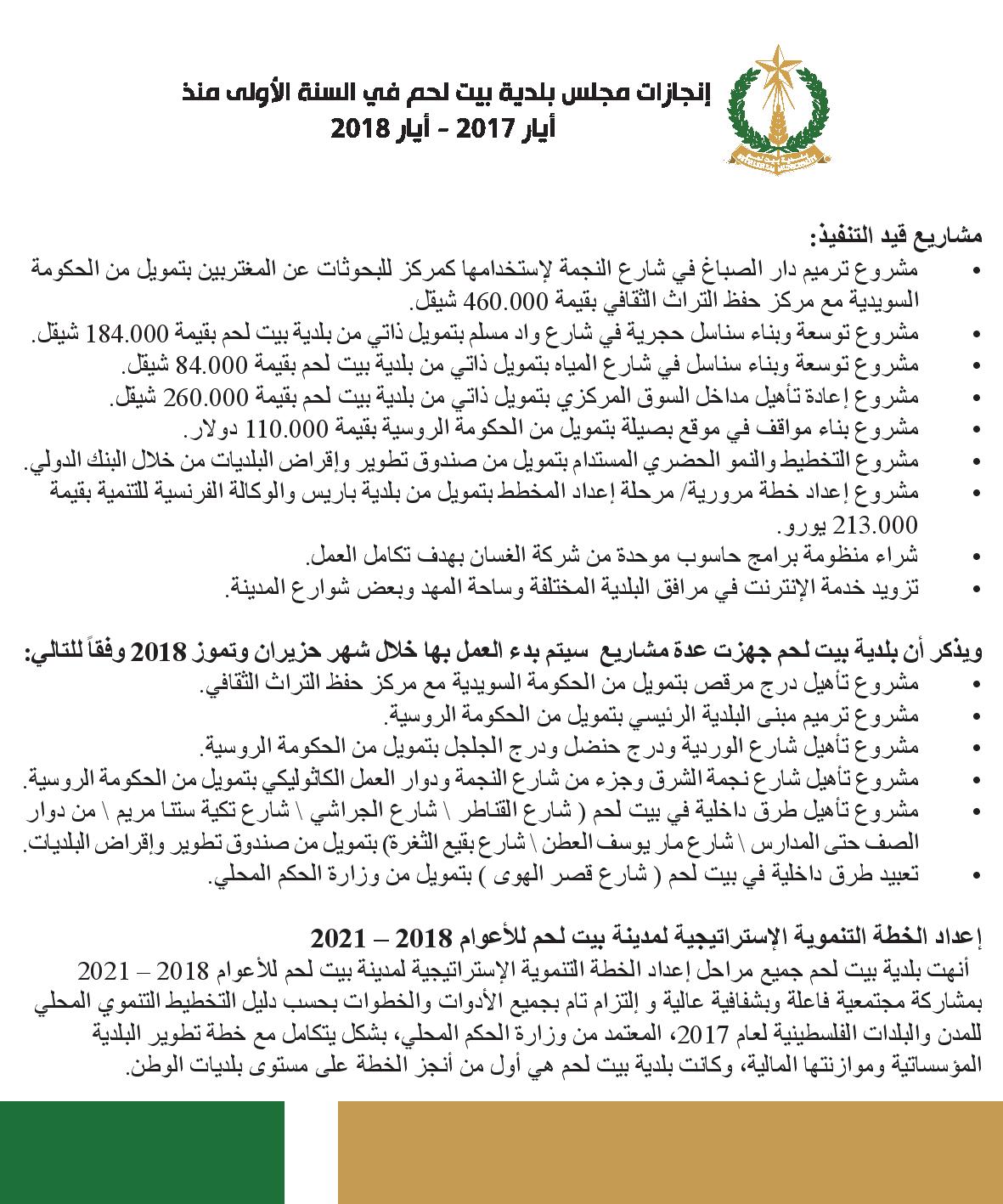 إنجازات مجلس بلدية بيت لحم في السنة الأولى منذ الإستلام برئاسة المحامي أنطون سلمان ايار 2017 - ايار 2018