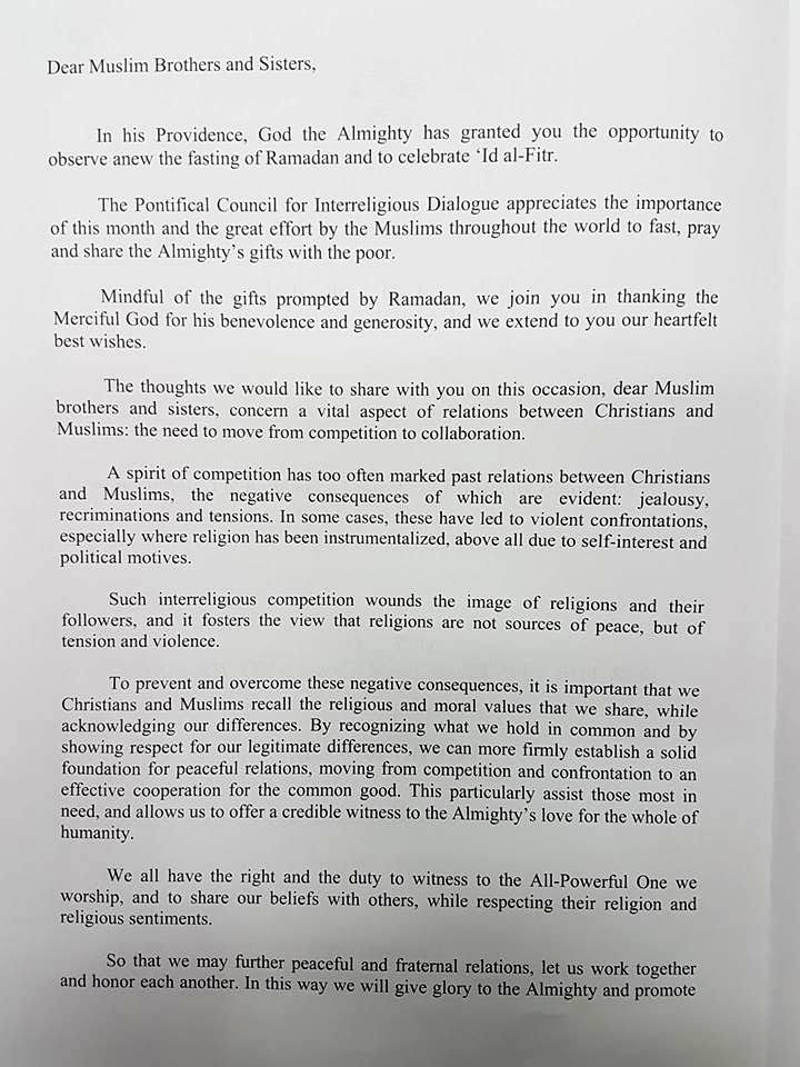 Message for the Month of Ramadan and Eid Al-Fitr - Pontifical Council for Interreligious Dialogue 2018