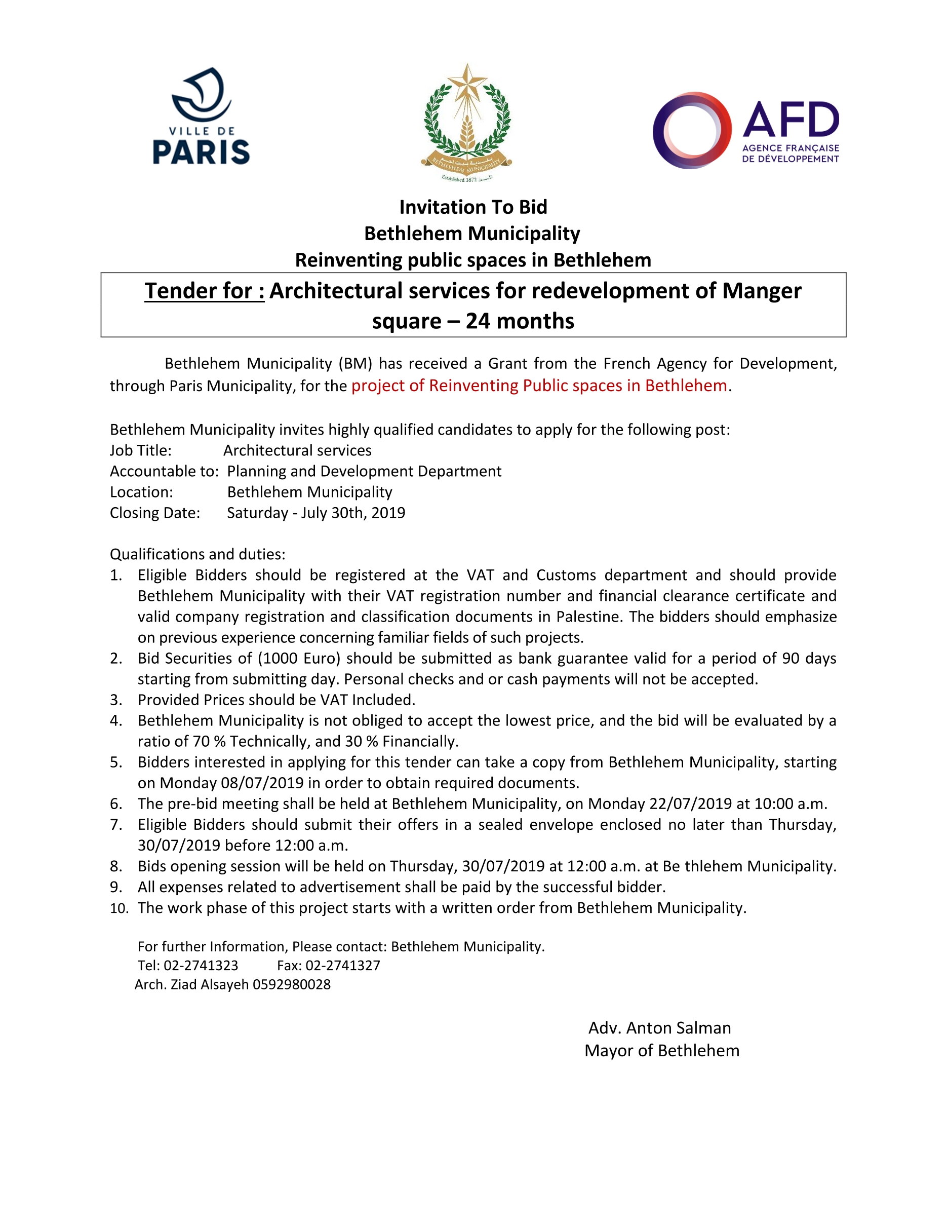 Invitation To Bid -Architectural services for redevelopment of Manger square 