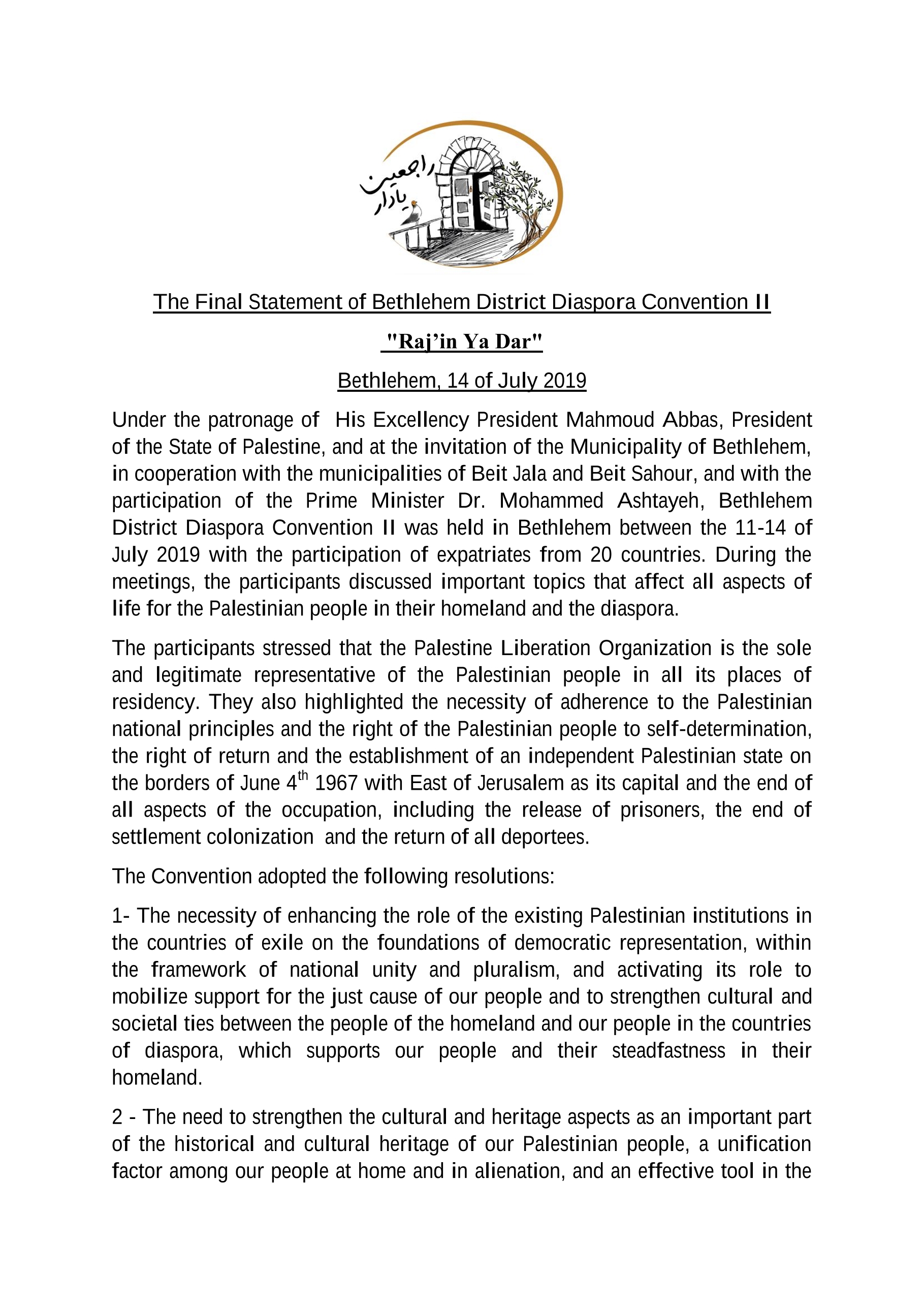 The Final Statement of Bethlehem District Diaspora Convention II