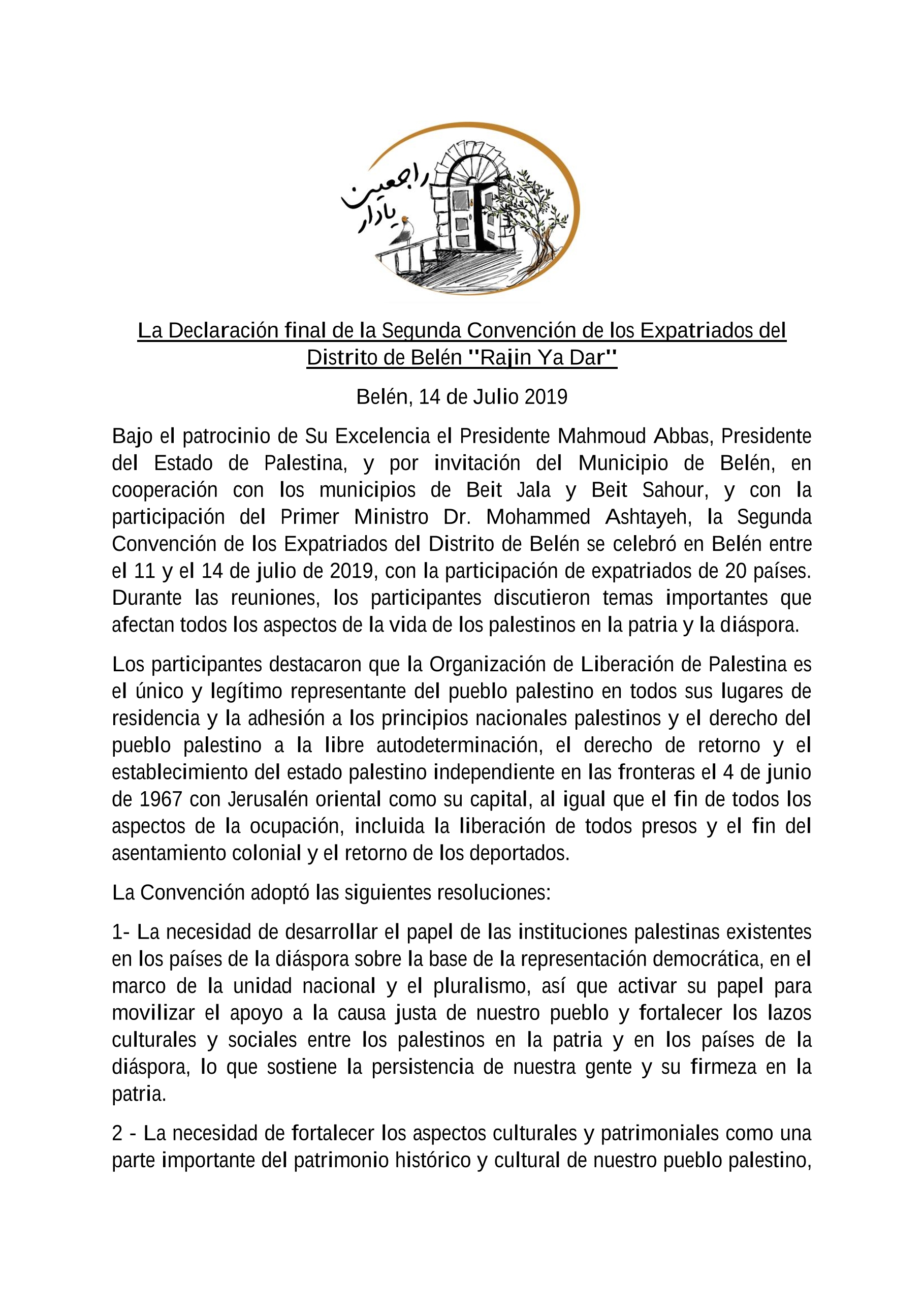 La Declaración Final de la Segunda Convención de los Expatriados del Distrito de Belén "Rajin Ya Dar"