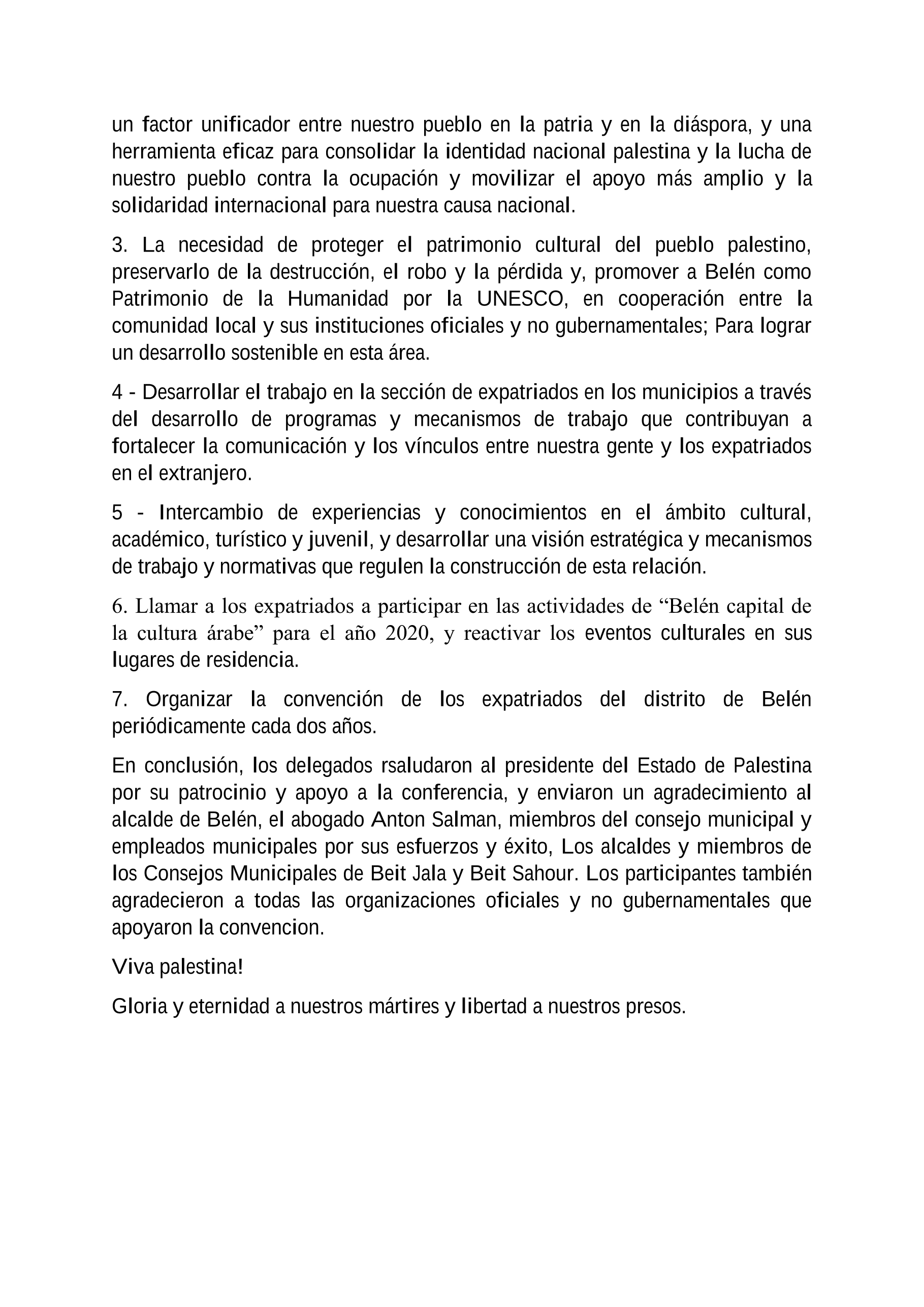 La Declaración Final de la Segunda Convención de los Expatriados del Distrito de Belén "Rajin Ya Dar"