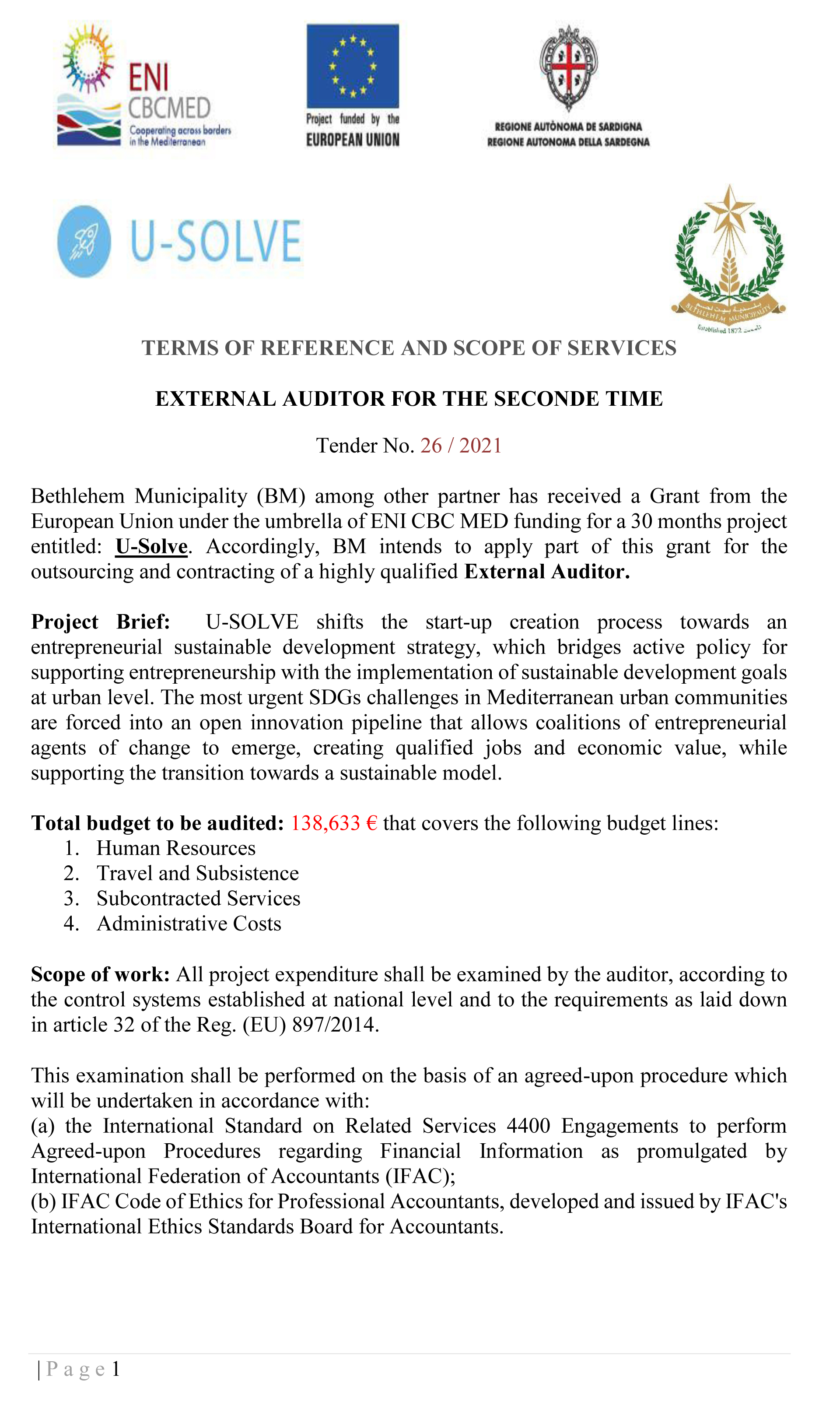 اعلان صادر عن بلدية بيت لحم: مطلوب شركة تدقيق حسابات خارجية