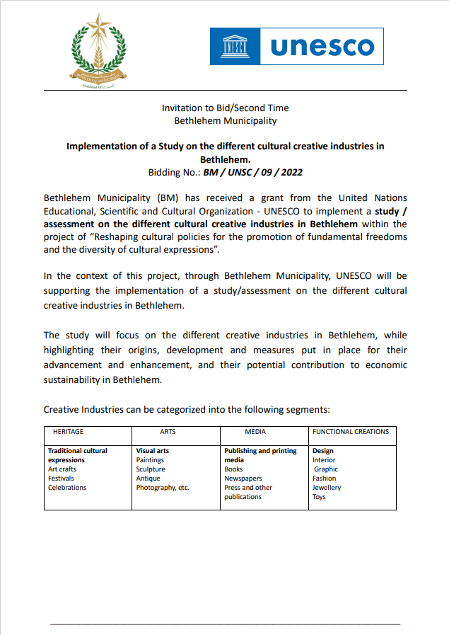 عطاء لمشروع الصناعات الإبداعية الثقافية المختلفة في بيت لحم